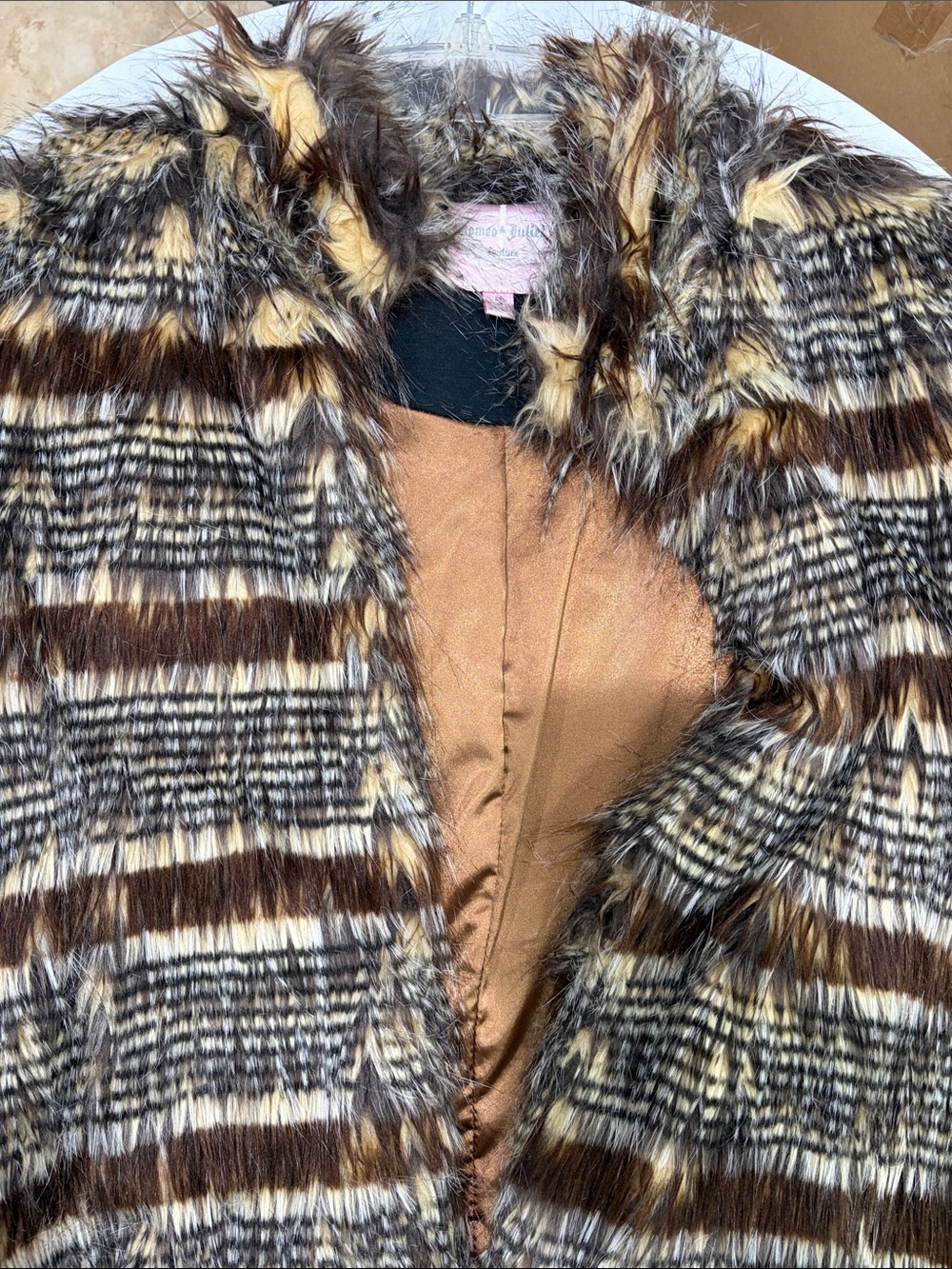 Romeo & Juliet Couture Brown, Cream & Tan Faux Fur Stripe Jacket